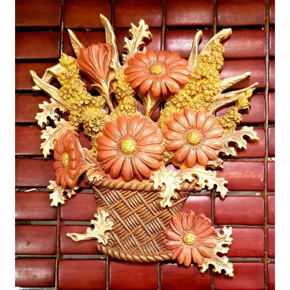 Vintage 1977 Mid Century Autumnal Fall Flower Basket 3D Wall Art Burwood